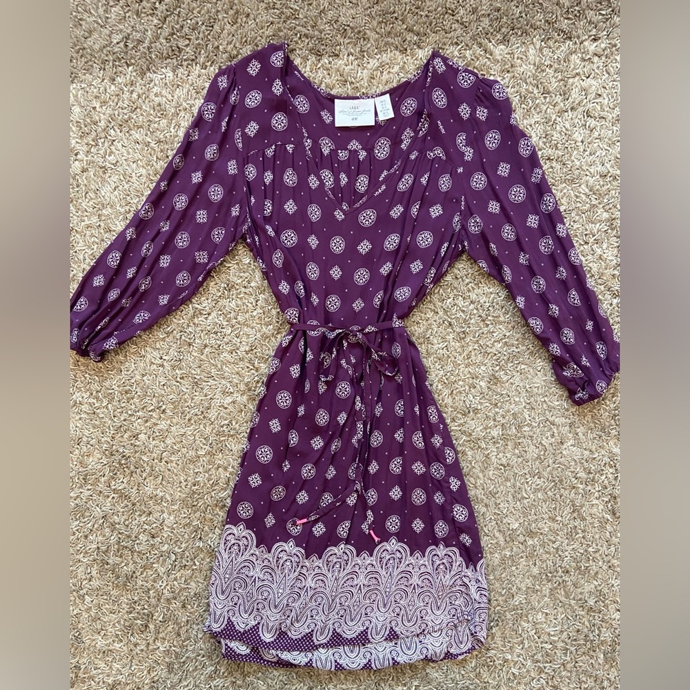 H&M paisley, purple tunic dress with removable belt, size 12
